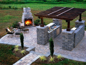 A fireplace in an outside living area