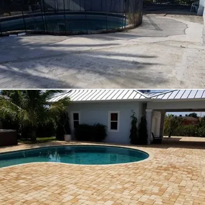 Before and after photo of brick pool deck pavers
