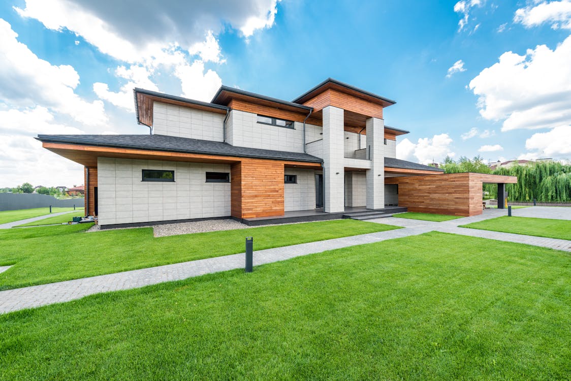 A modern house with paved walkways